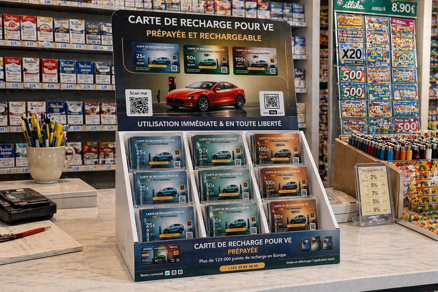 Promotional display for prepaid EV recharge cards in a store, with a red car image and multiple card options on shelves behind.] ,